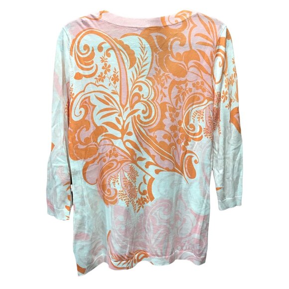 Talbots Womens Light Weight Sweater Orange white V Neck 3/4 length sleeves‎ - Picture 2 of 4